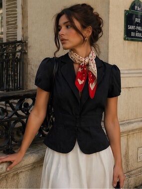 Stooshy Black Short Sleeve Cropped Fitted Stretch Blazer Jacket | Small